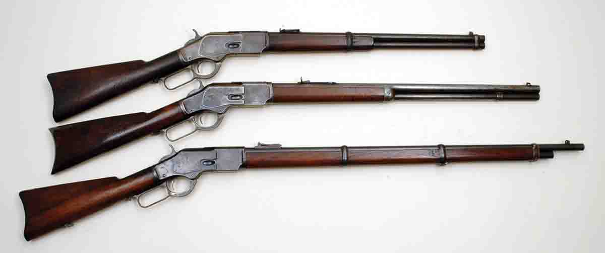 Between 1873 and 1923 Winchester sold nearly 750,000 Model 1873s. As standard catalog items, about one-third were saddle ring carbines (top), only five percent were muskets (bottom) and the rest were rifles (middle).